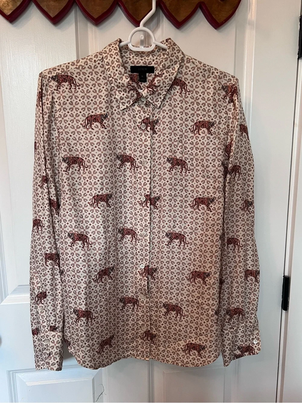 J. Crew Silk Cream Button-Down Shirt with Rust Orange Tiger Print
